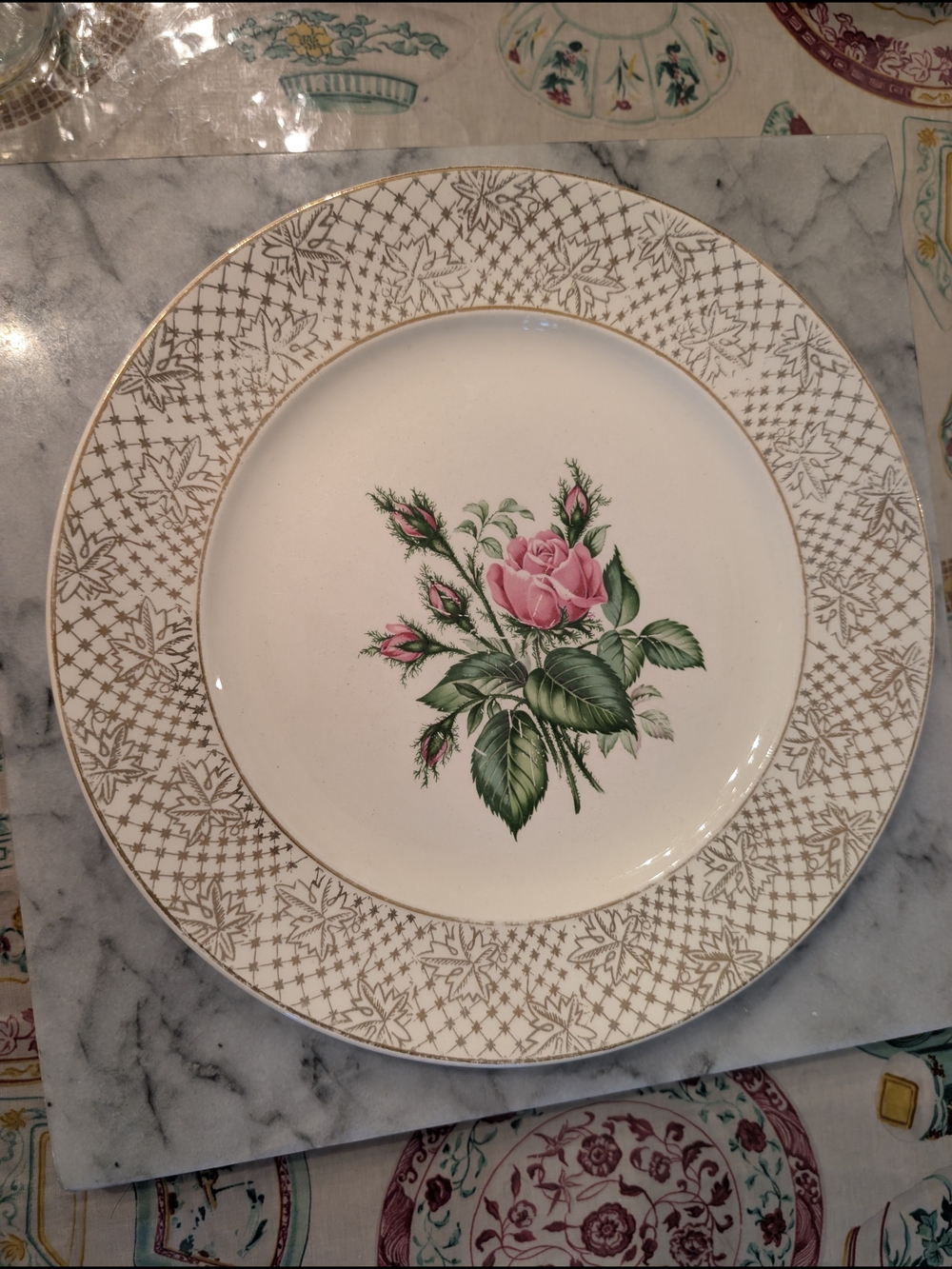 Vintage British Empire Ceramics Rose 22K Gold Trim Dinner Plate